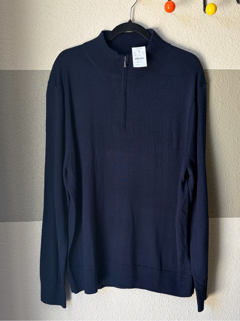 NWT J. Crew Men’s XL Navy Blue Merino Wool Blend Quarter Zip Pullover Sweater